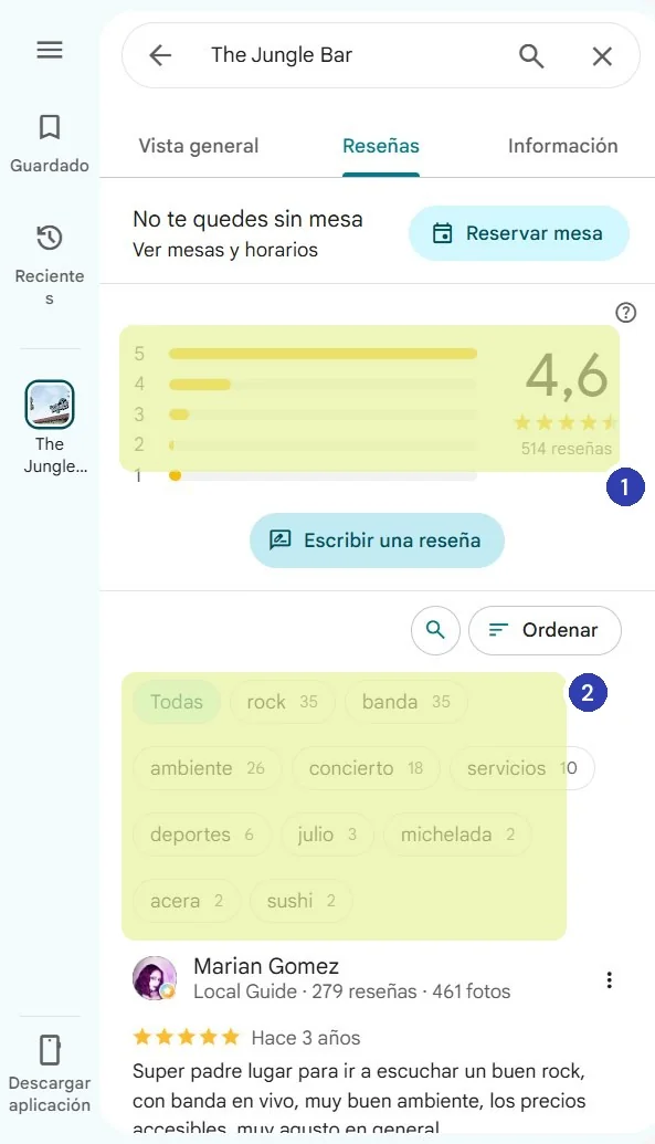Pestaña de reseñas de un bar: distribución por estrellas, promedio de 4,6, el total de reseñas y los temas que Google extrae del texto