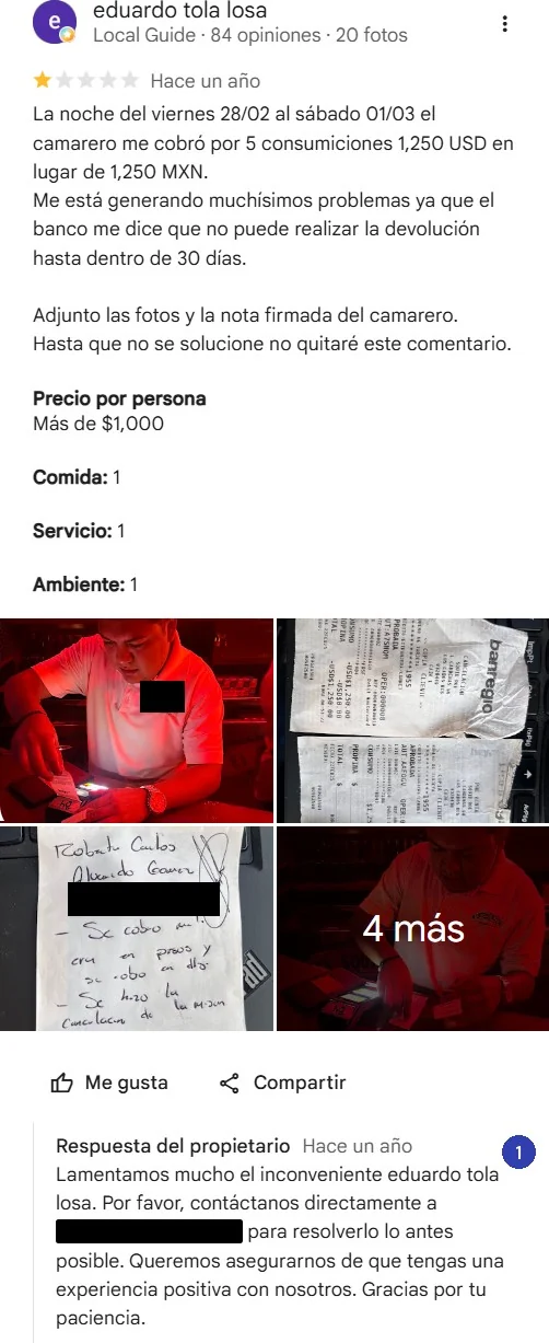 Reseña de una estrella por un cobro incorrecto y, debajo, la respuesta del propietario, con los datos de contacto ocultos