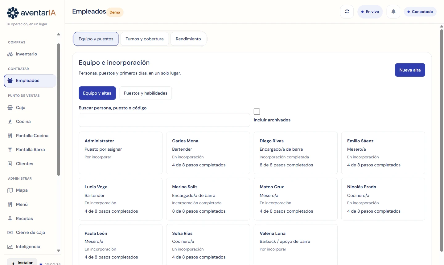 Pantalla Empleados de AventarIA con el equipo y sus pasos de incorporación